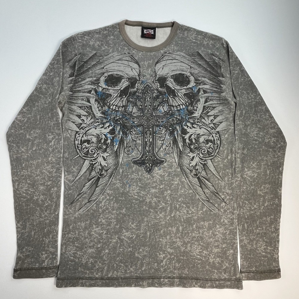 MMA Elite Mens Med Thermal Waffle Knit Shirt Cross Skulls Grunge Y2K Vintage